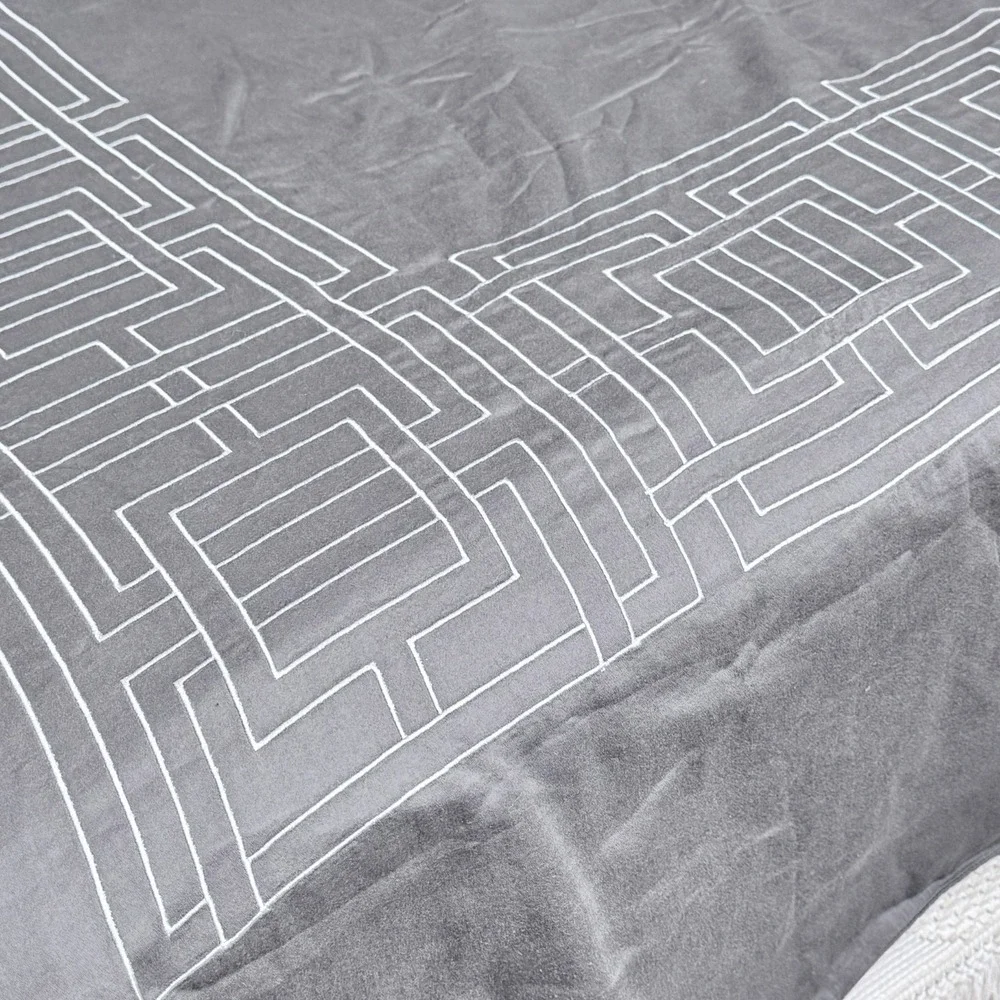 NICOLE MILLER HOME KING DUVET COVER Grey White Embroidery Edges Geometric Cotton